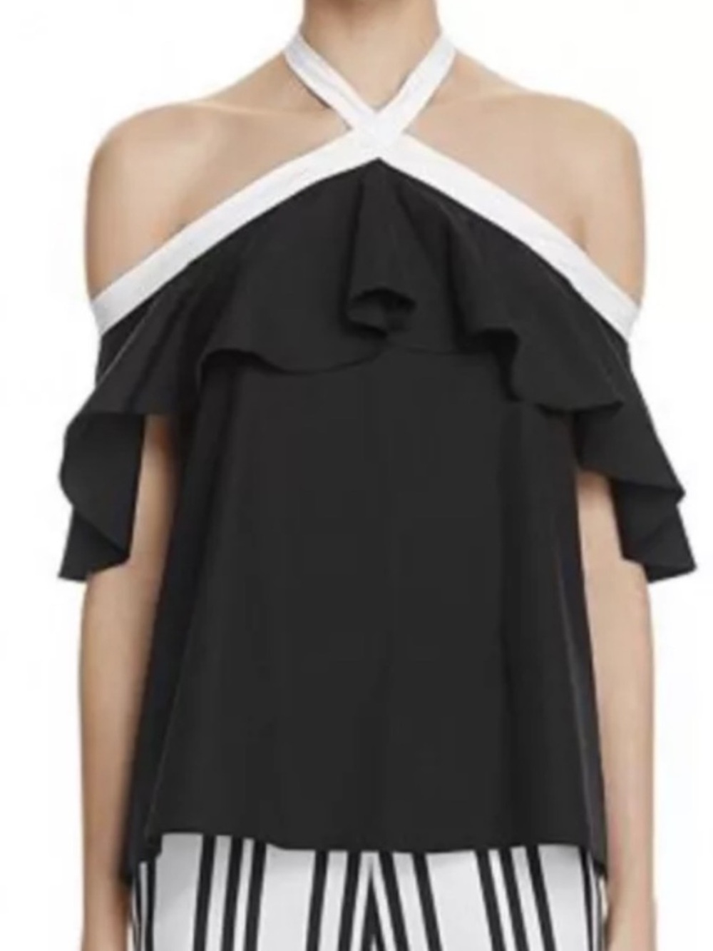 Alice + Olivia Black and Cream Ruffle Top